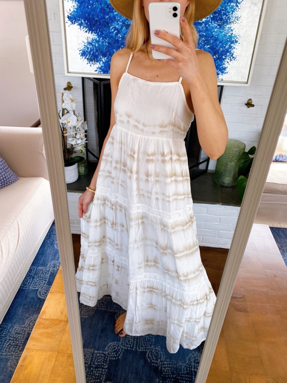 AERIE Off-White Cotton Maxi Dress with Beige Tie-Dye, Rope & Tassel Detail! 🐚 - Picture 3 of 17